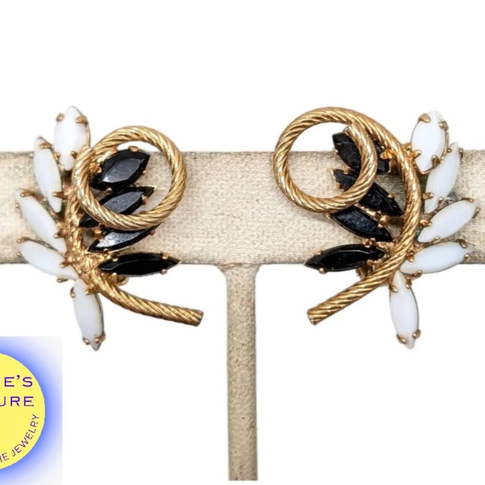 Vintage Signed Napier Faux-Onyx & White Marquise Rhinestone Clip Earrings